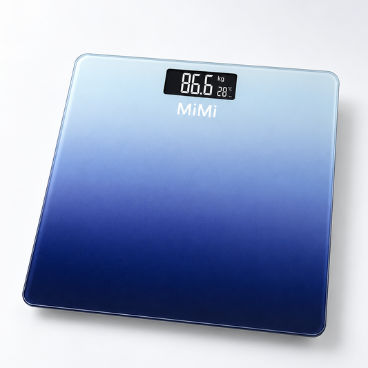 Blue gradient tempered-glass digital body weight scale with a clear LCD display on a white background.
