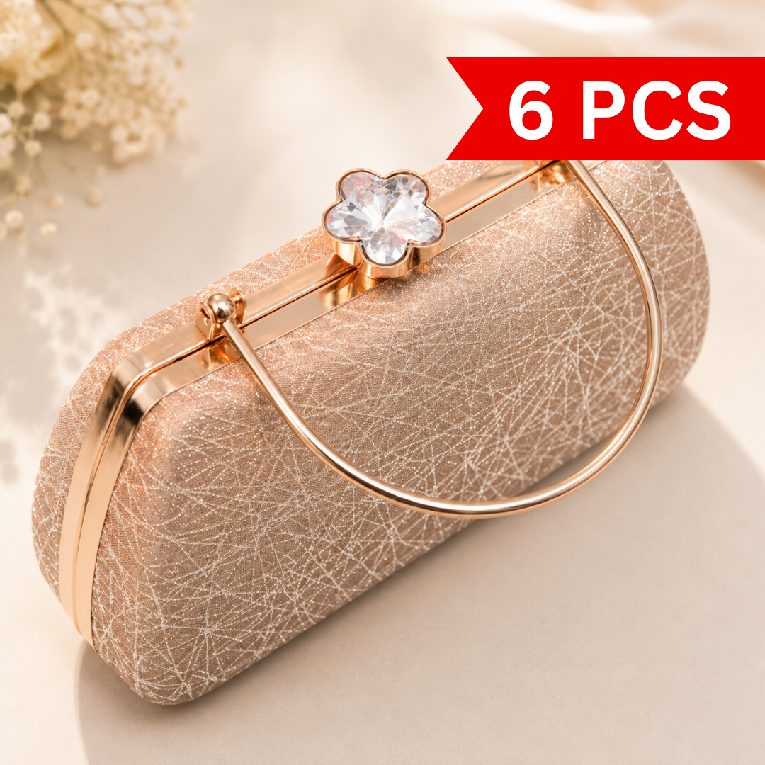 Rose gold glitter evening clutch bag with crystal flower clasp and metal handle, luxury women's party purse displayed