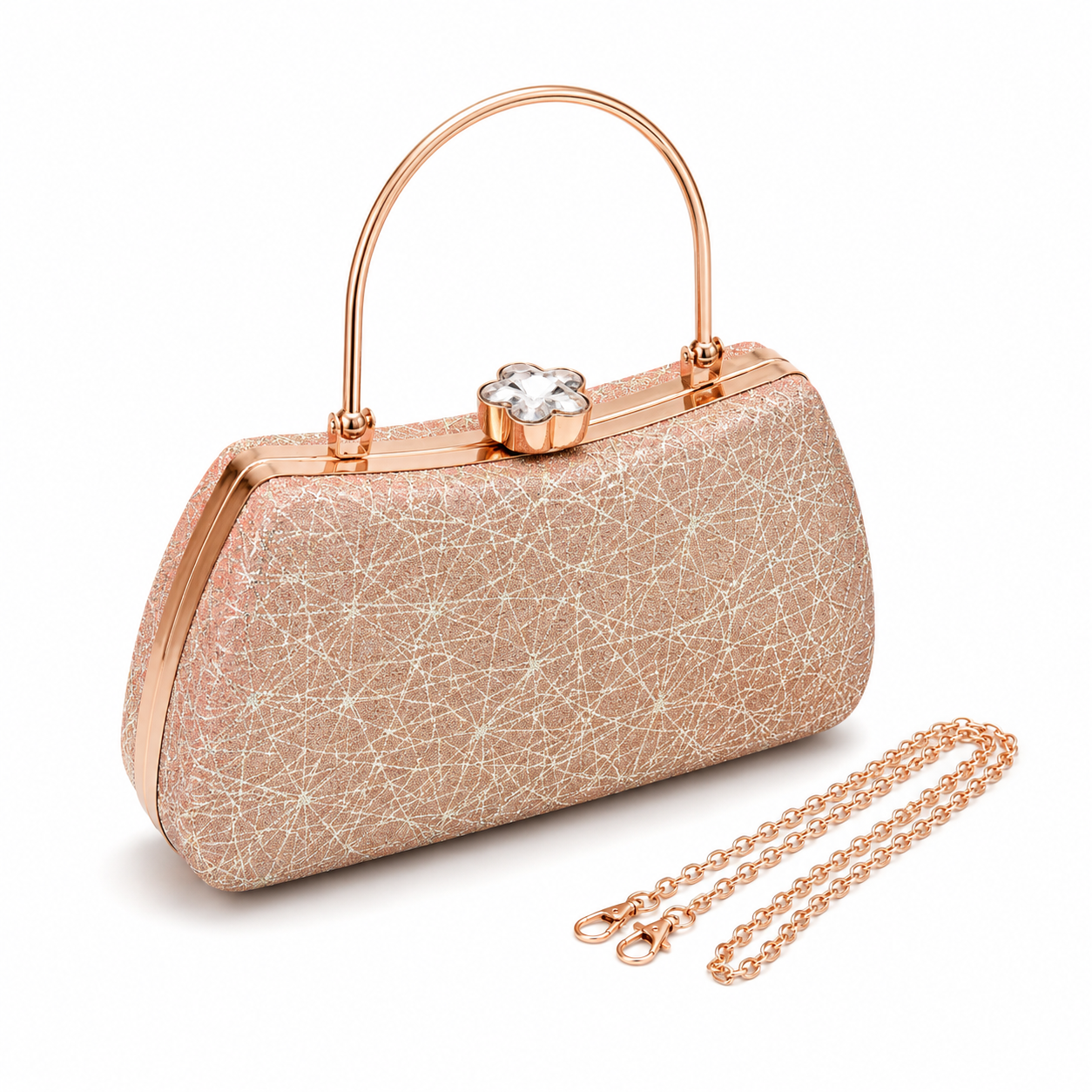 Women's rose gold evening clutch bag with detachable chain strap and crystal flower closure, isolated on a clean white background.