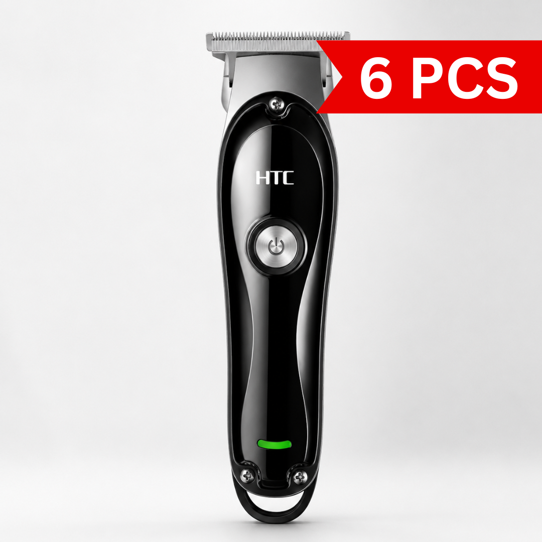 Rechargeable cordless hair clipper with precision stainless steel T-blade, ergonomic black body, power button, and LED charging indicator displayed on a clean light grey background.