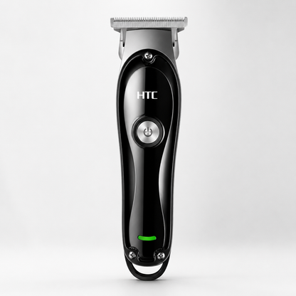 Rechargeable cordless hair clipper with precision stainless steel T-blade, ergonomic black body, power button, and LED charging indicator displayed on a clean light grey background.