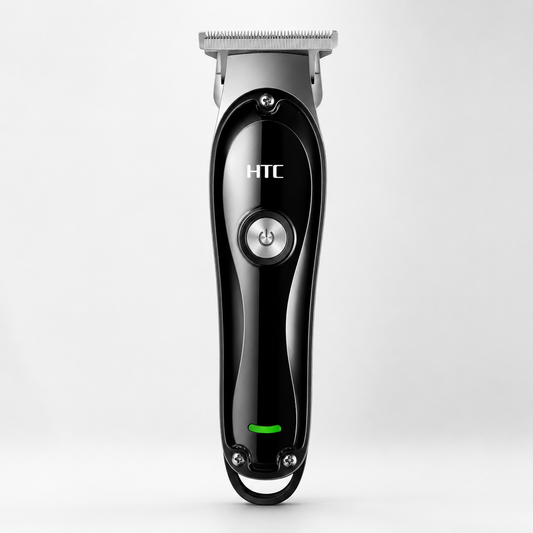 Rechargeable cordless hair clipper with precision stainless steel T-blade, ergonomic black body, power button, and LED charging indicator displayed on a clean light grey background.