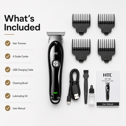 Professional hair trimmer kit with rechargeable T-blade hair clipper, four guide comb attachments (1.5mm, 3mm, 4.5mm, 6mm), USB charging cable, cleaning brush, lubricating oil, and user manual arranged on a clean white background.