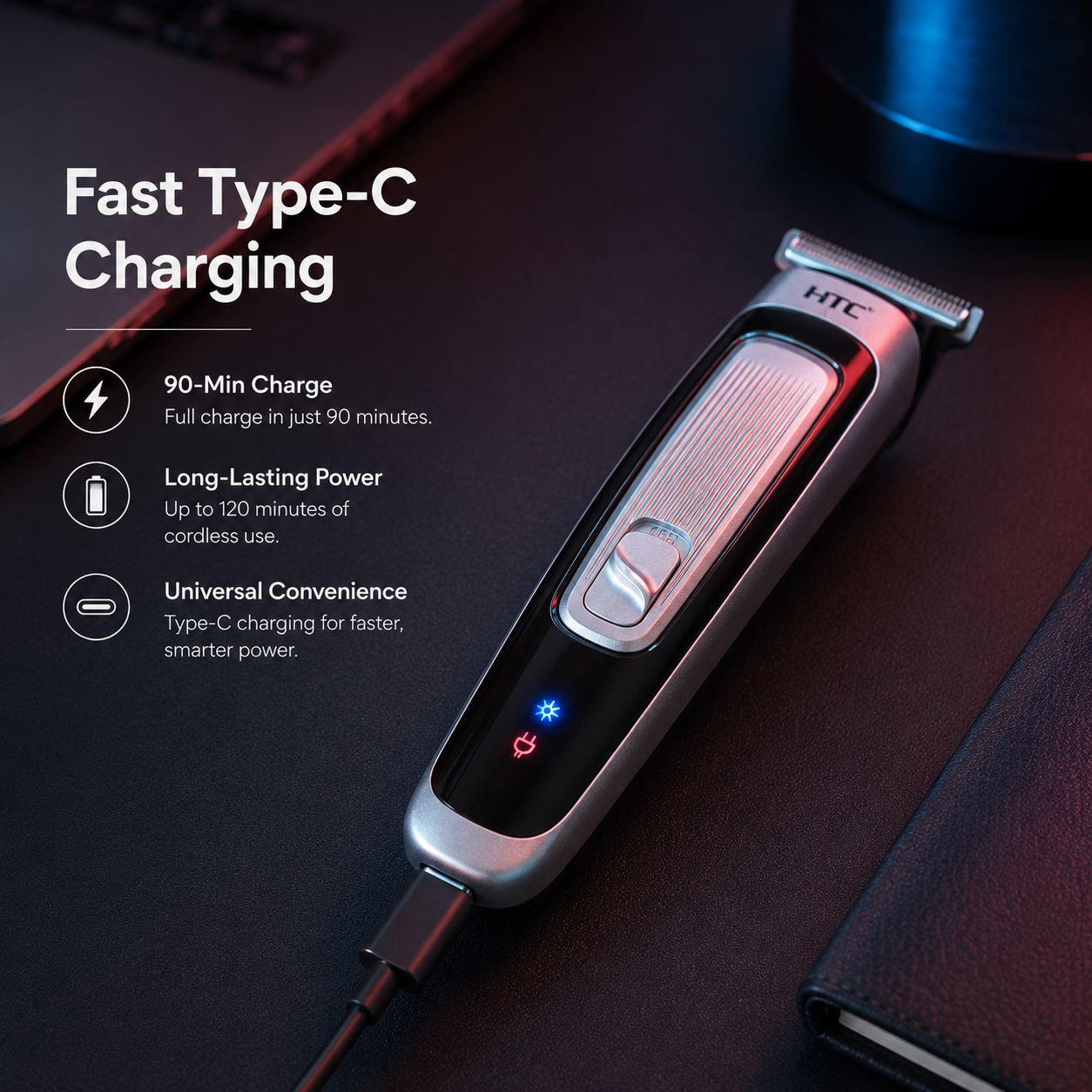 Rechargeable T-Blade Hair Trimmer for Men with fast Type-C charging cordless grooming and LED charging indicator