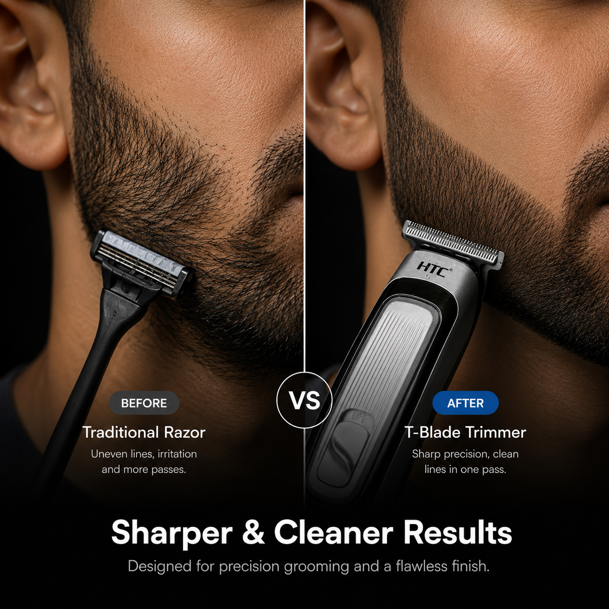 Rechargeable T-Blade Hair Trimmer for Men before and after beard shaping comparison with precision sharp line trimming