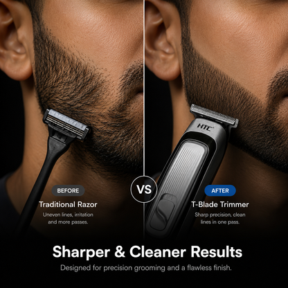 Rechargeable T-Blade Hair Trimmer for Men before and after beard shaping comparison with precision sharp line trimming