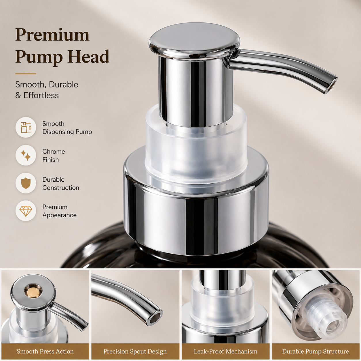 Premium chrome pump head of Hand Wash Storage Dispenser Bottle featuring smooth dispensing nozzle and durable pump mechanism