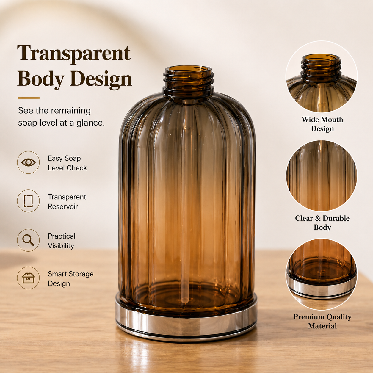 Transparent Hand Wash Storage Dispenser Bottle with amber reservoir, ribbed design and chrome base showing visible liquid level