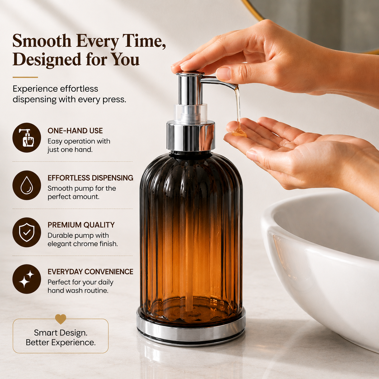 Hand pressing Hand Wash Storage Dispenser Bottle with amber transparent body and chrome pump dispenser on modern bathroom sink countertop