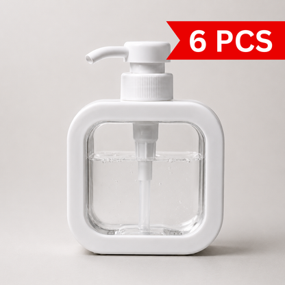 Hand Wash Storage Pump Bottle with transparent refillable reservoir, modern square design and white pump dispenser for bathroom countertop