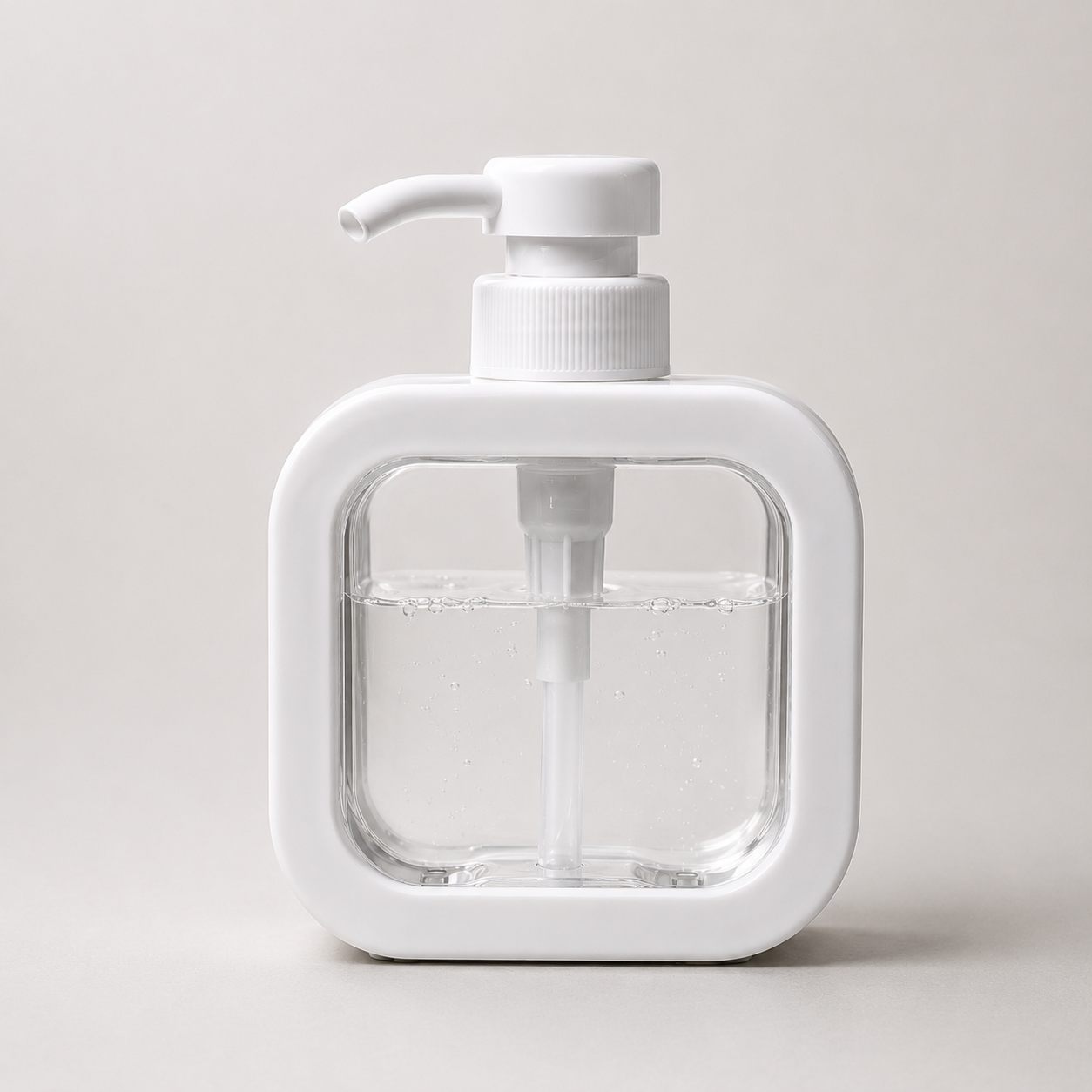 Hand Wash Storage Pump Bottle with transparent refillable reservoir, modern square design and white pump dispenser for bathroom countertop