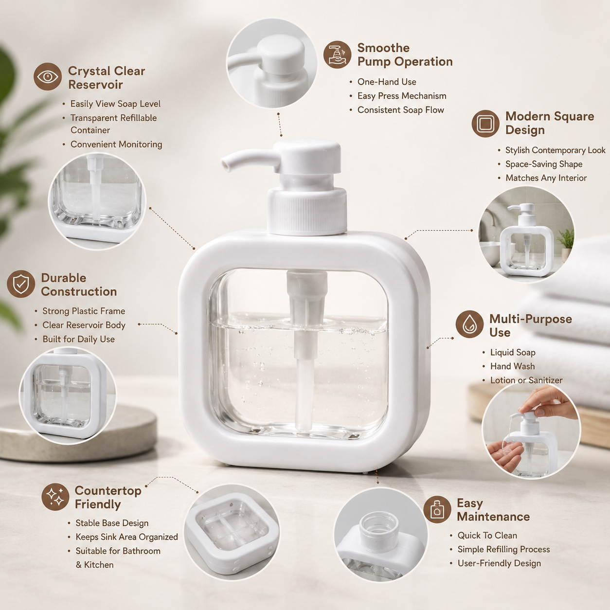 Hand Wash Storage Pump Bottle feature overview showing refillable transparent container, smooth pump operation and modern bathroom dispenser design