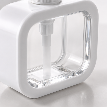 Hand Wash Storage Pump Bottle close-up displaying crystal clear refillable reservoir and durable square plastic dispenser construction