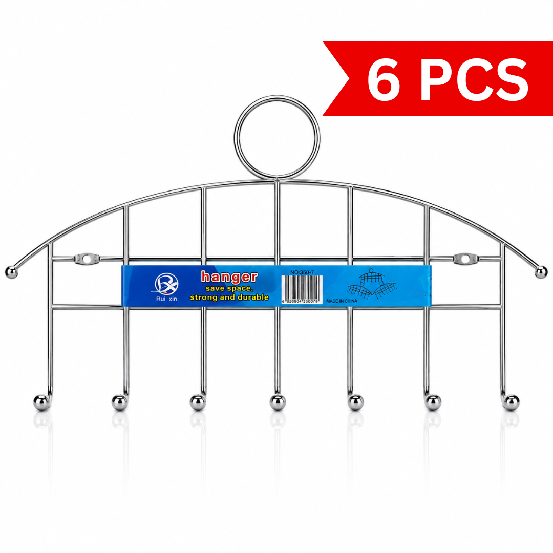Chrome silver 7-hook wall mounted metal hanger rack with decorative arch frame and sturdy hooks for coats, bags and accessories.