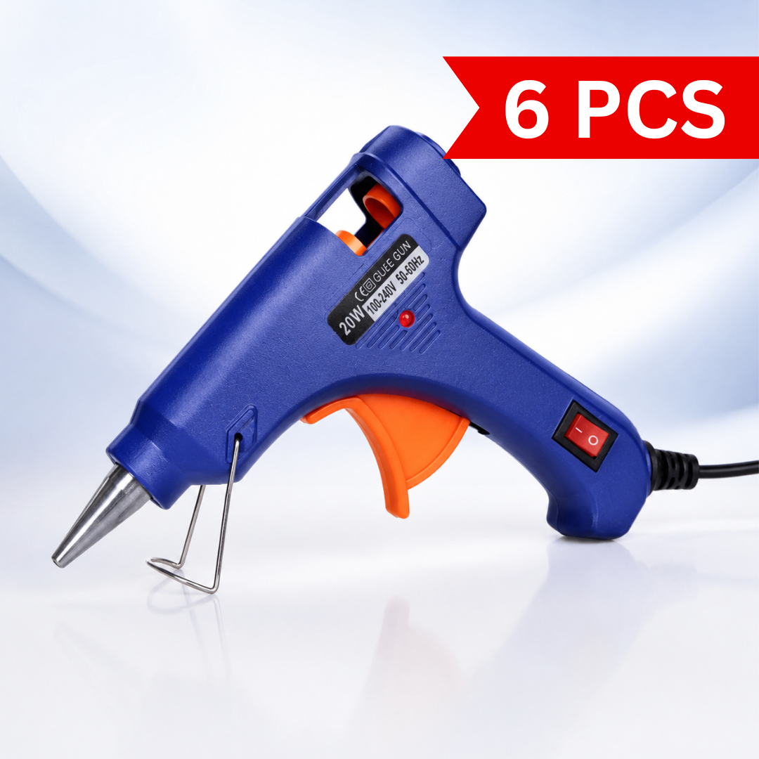 20W mini hot melt glue gun with precision metal nozzle, ergonomic trigger, built-in ON/OFF switch, LED power indicator and foldable stand for craft and home repair use.