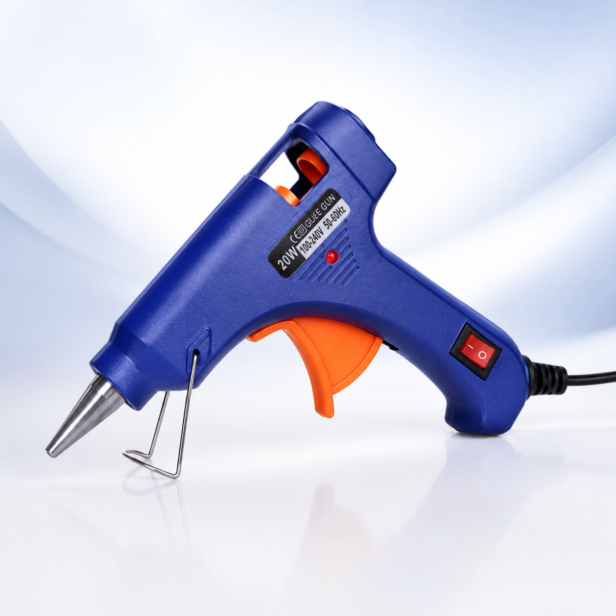 20W mini hot melt glue gun with precision metal nozzle, ergonomic trigger, built-in ON/OFF switch, LED power indicator and foldable stand for craft and home repair use.