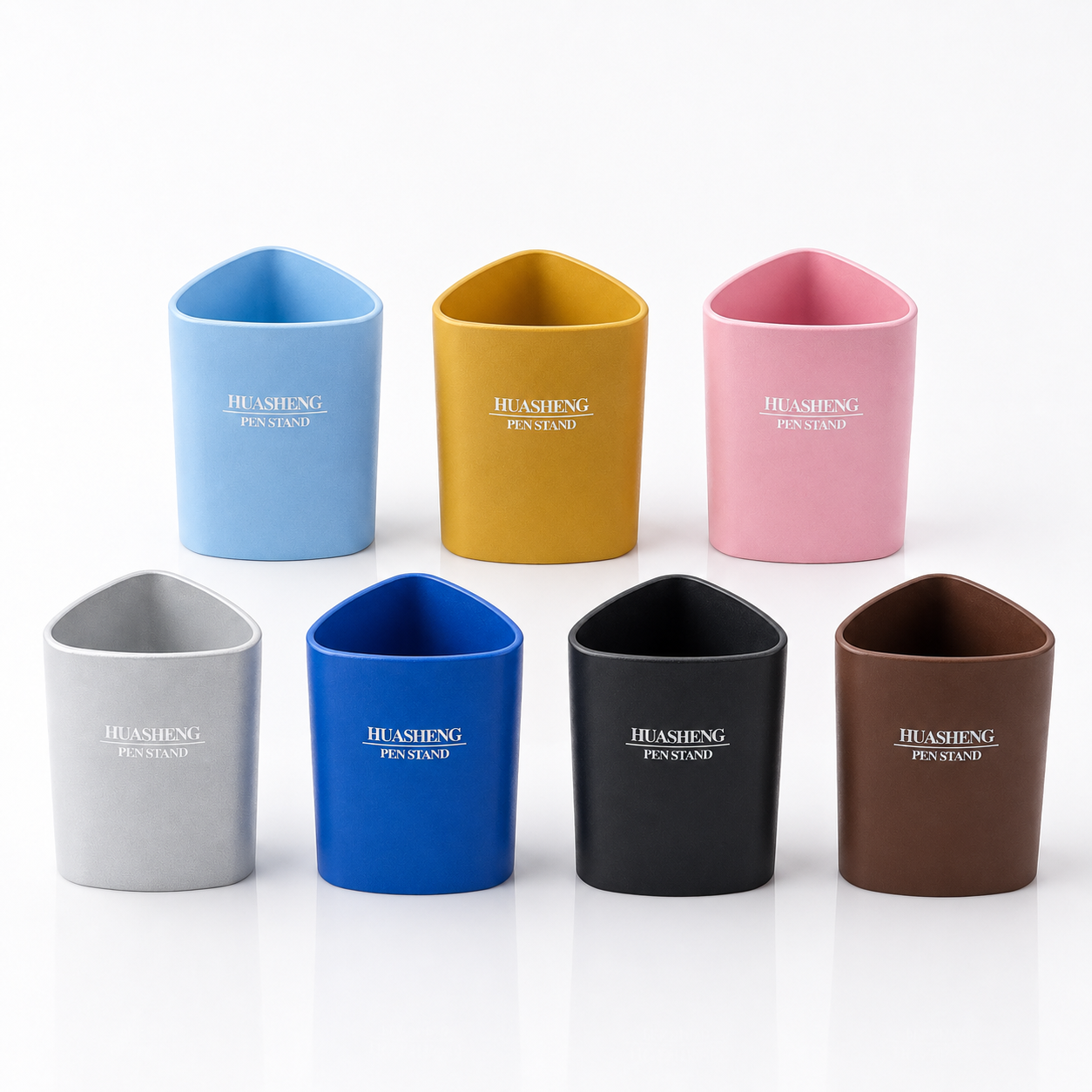 Huasheng triangular plastic pen holders displayed in seven colours: Ice Blue, Golden, Pink, Silver, Blue, Black and Coffee, showcasing the available colour options for desk organization.