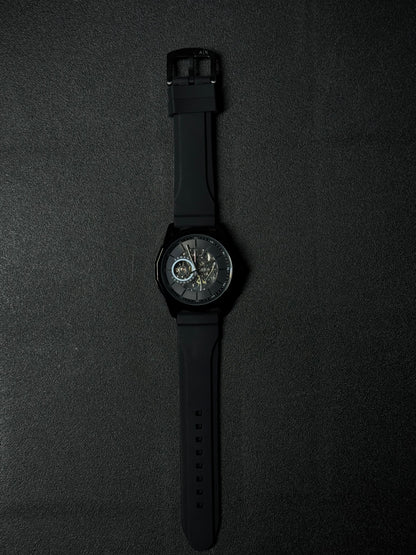 Black strap replica watch with skeleton dial, automatic-style design, premium sports wristwatch and black case finish