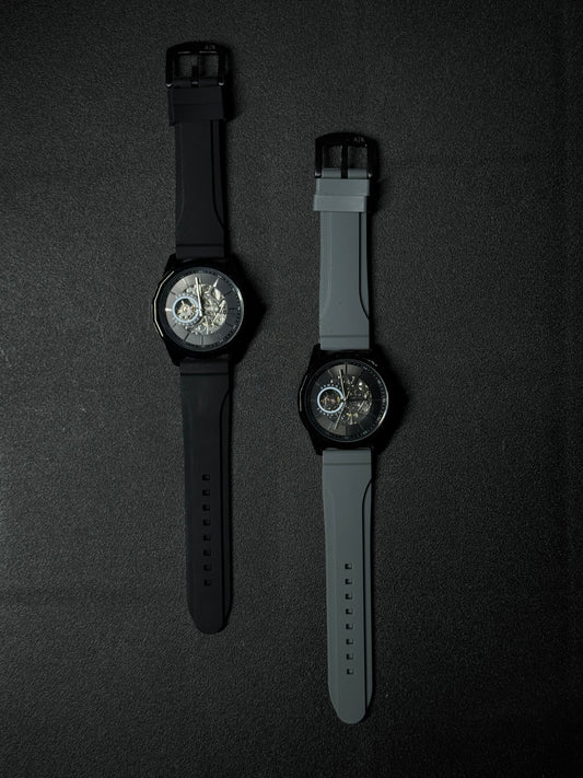 Replica watch collection featuring black and grey silicone straps, skeleton dials and luxury sports watch design