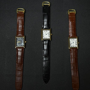 Replica watch collection with brown and black leather straps, rectangular Roman numeral dials and vintage-inspired dress watch design