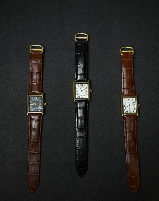Replica watch collection with brown and black leather straps, rectangular Roman numeral dials and vintage-inspired dress watch design