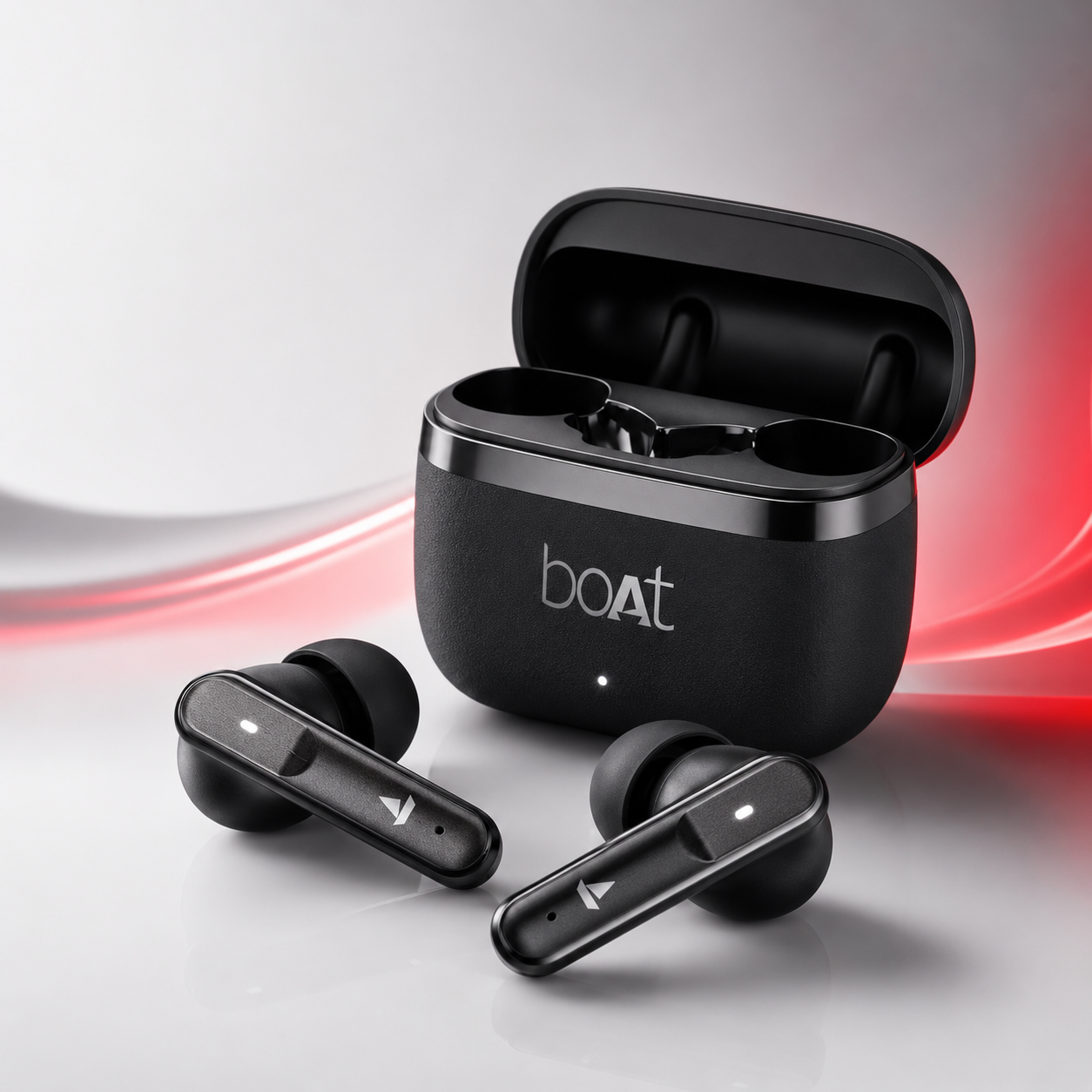 Premium black true wireless Bluetooth earbuds displayed with an open compact charging case on a clean white background, showcasing an ergonomic in-ear design, LED charging indicator, and modern minimalist styling for everyday music and calls.