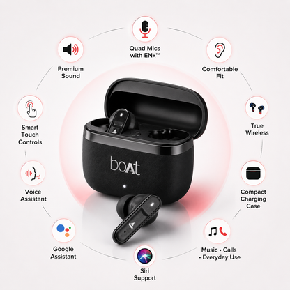 Premium true wireless Bluetooth earbuds with a compact charging case, featuring quad microphones with ENx technology, premium sound, comfortable ergonomic fit, smart touch controls, voice assistant support, Google Assistant, Siri compatibility, music and calling functions, and a sleek black design.
