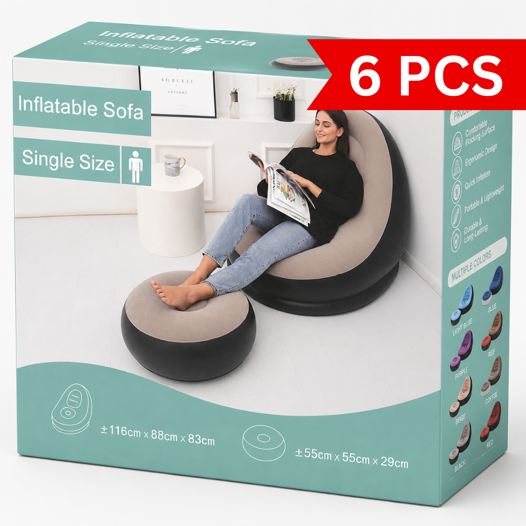 Retail packaging of a single-size inflatable sofa chair with matching ottoman, showing dimensions, colour options, and product features.