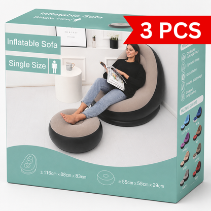 Retail packaging of a single-size inflatable sofa chair with matching ottoman, showing dimensions, colour options, and product features.