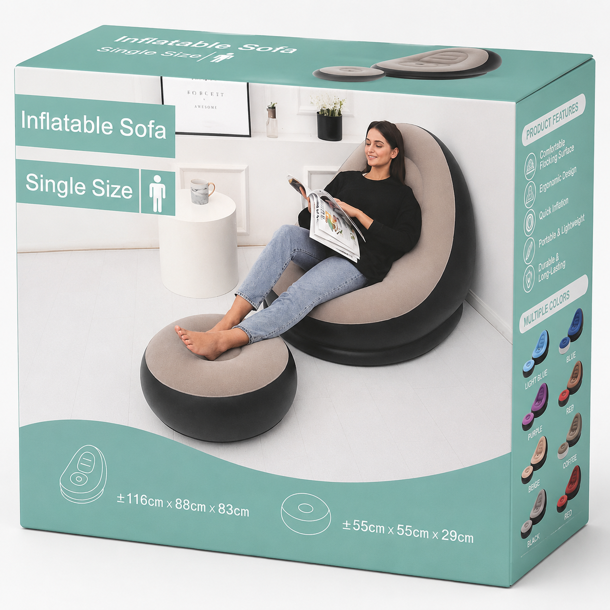 Retail packaging of a single-size inflatable sofa chair with matching ottoman, showing dimensions, colour options, and product features.