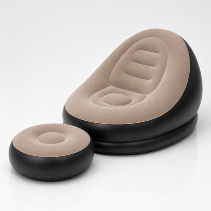Beige and black inflatable sofa chair with matching ottoman, featuring an ergonomic lounge design for comfortable indoor seating.