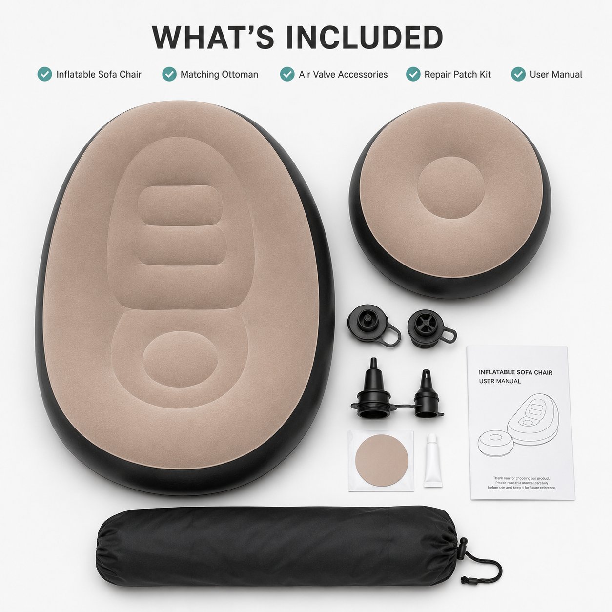 Inflatable sofa chair set contents including lounge chair, matching ottoman, air valve accessories, repair patch kit, storage bag, and user manual.