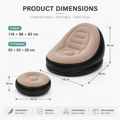 Dimension guide for an inflatable sofa chair and ottoman, showing chair size 116 × 88 × 83 cm and ottoman size 55 × 55 × 29 cm.