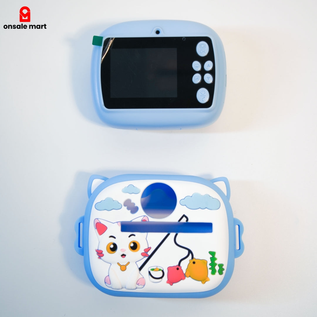 Blue instant camera with removable cartoon protective case.