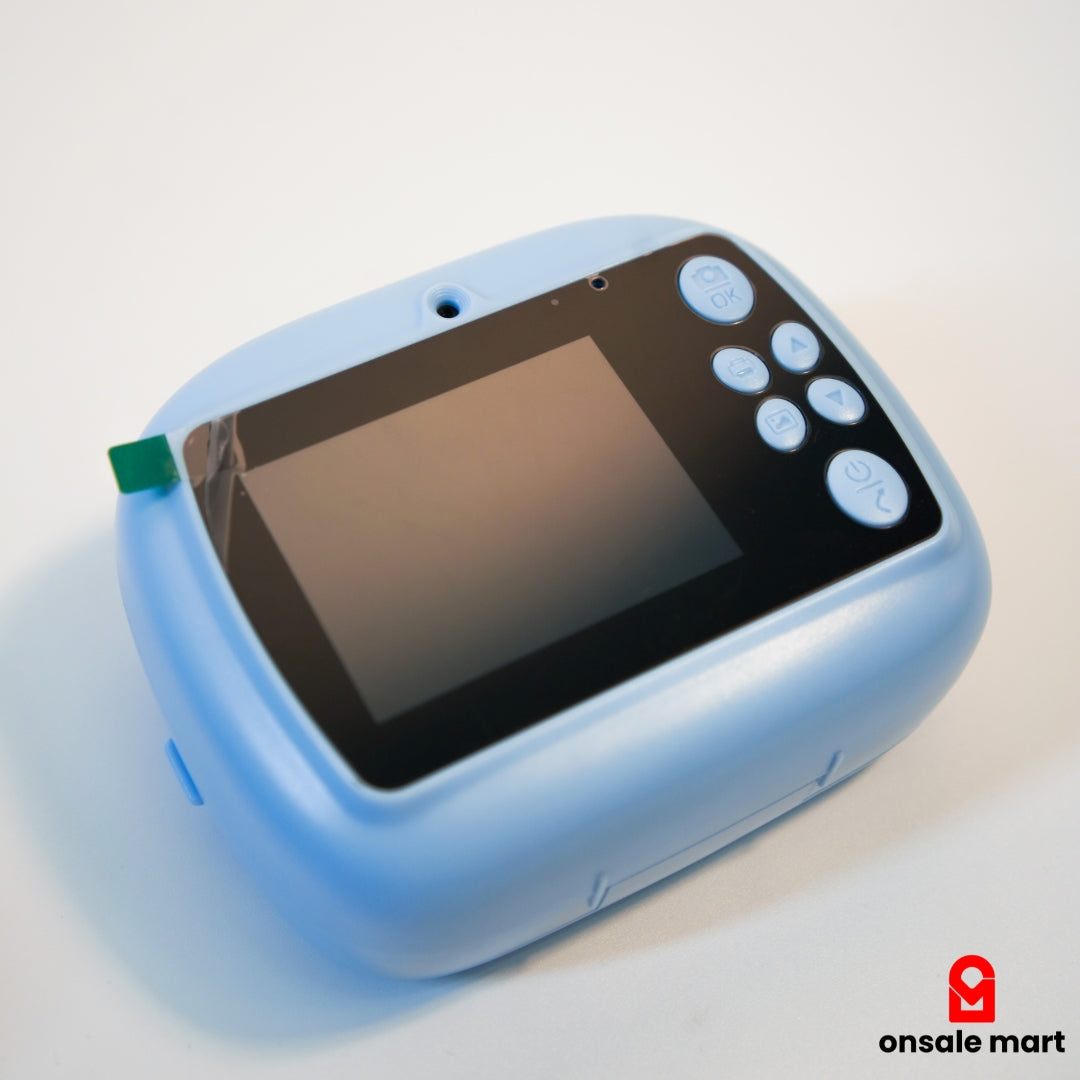 Touch display and control buttons on kids instant digital camera.