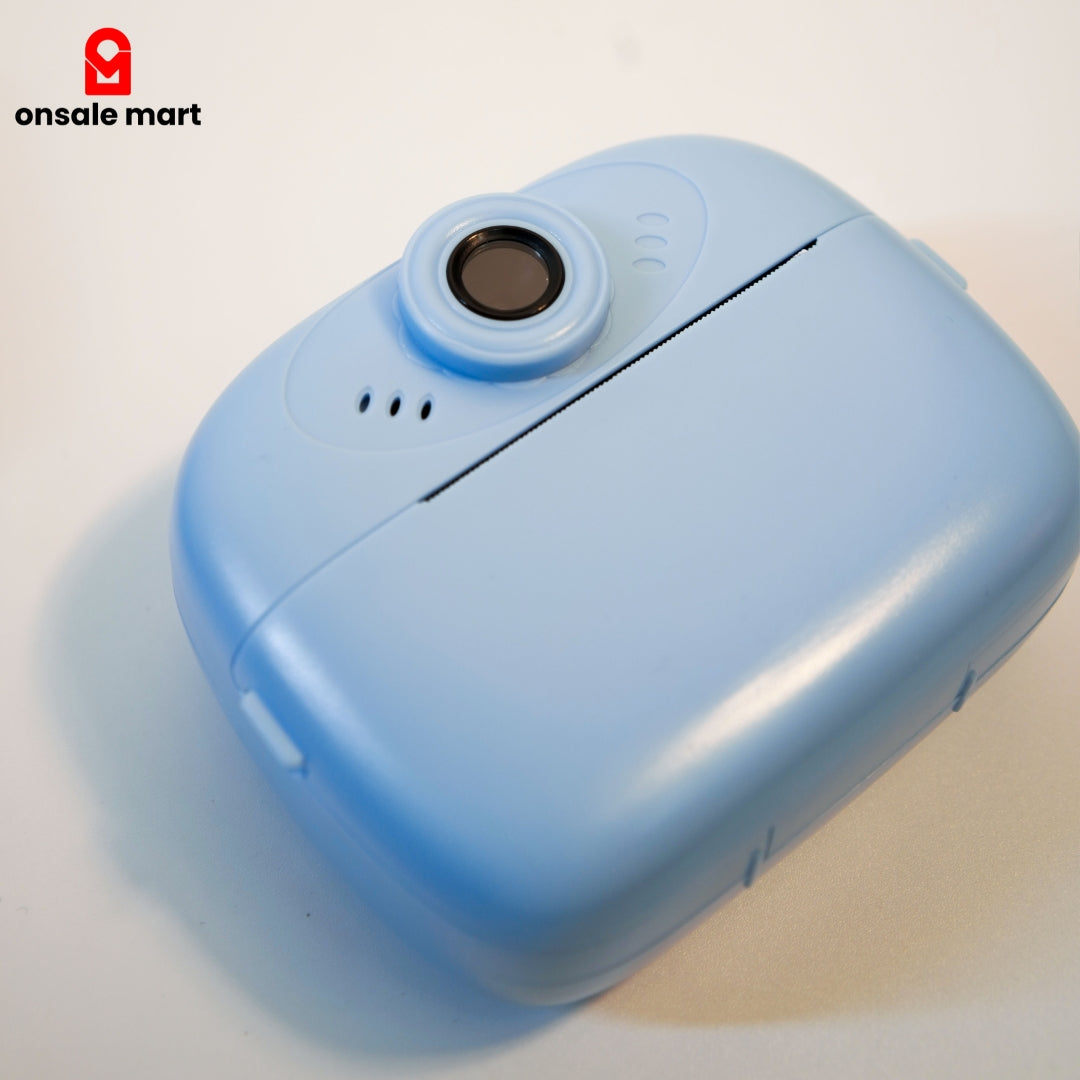 Blue instant digital kids camera – top lens view