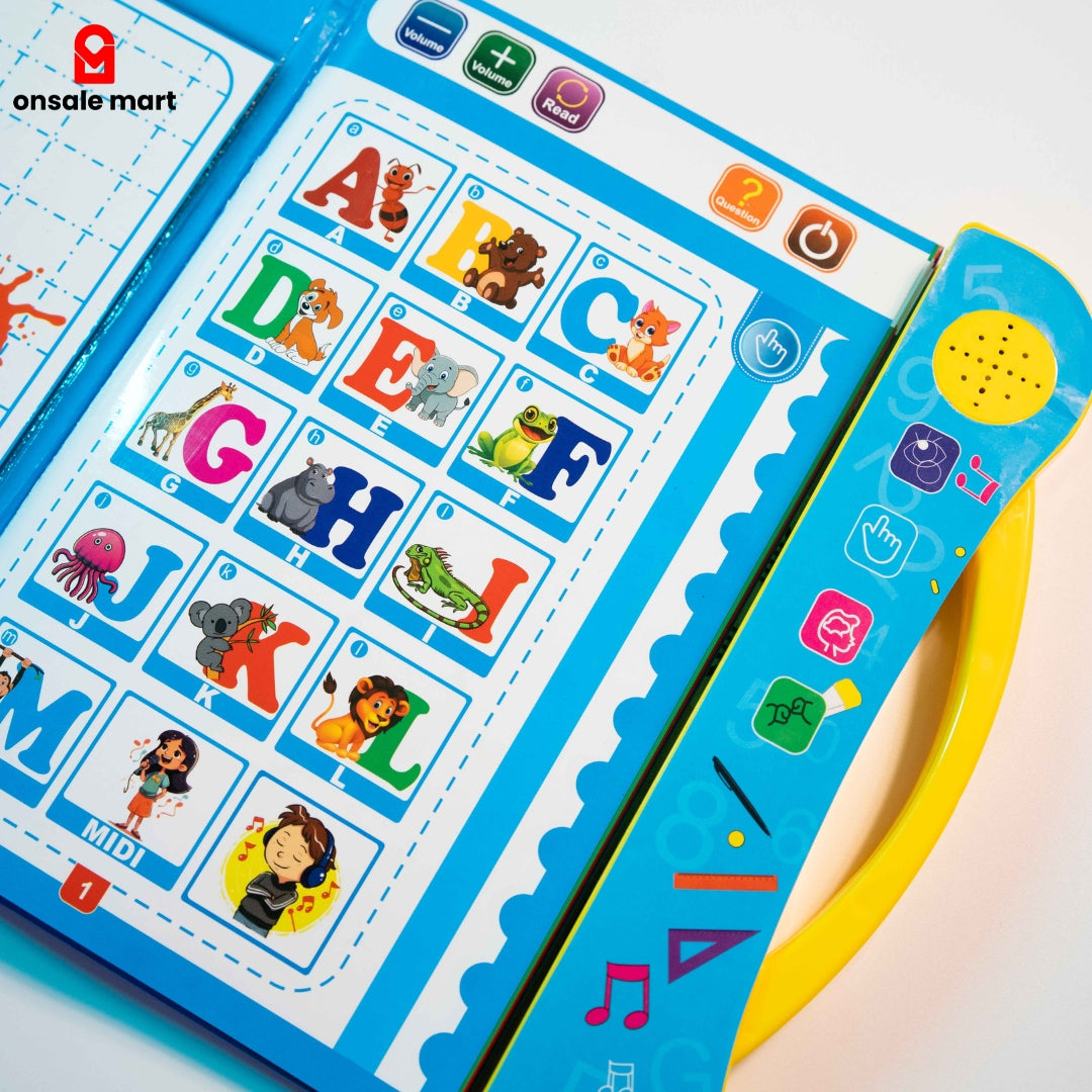 Alphabet learning page from intelligence book with touch buttons and phonics sound.