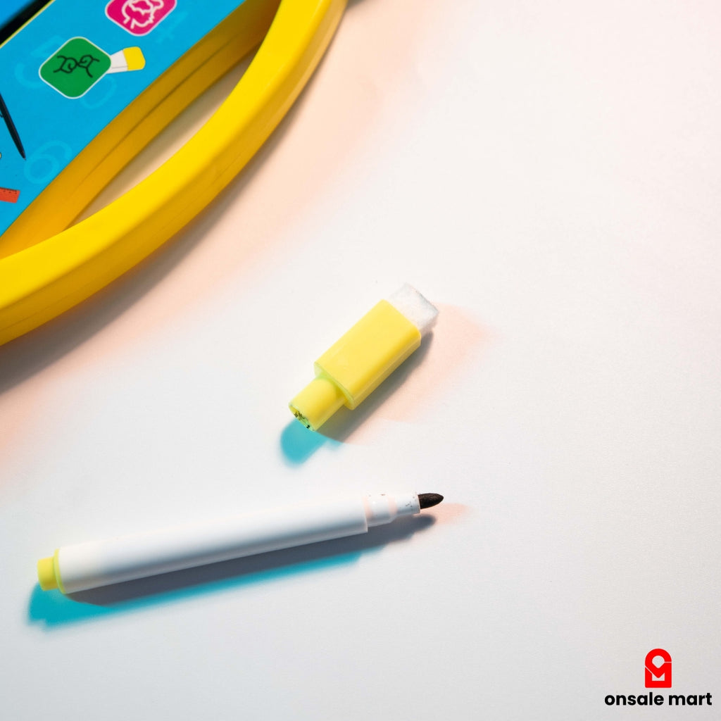 Marker pen and eraser included with kids interactive intelligence book for writing activities.