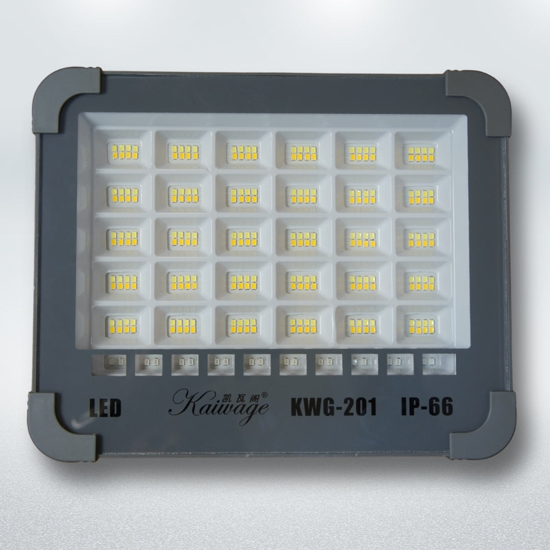KWG-201 solar LED flood light front view with 300 LED beads and IP66 waterproof design