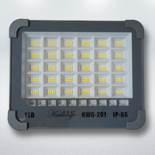 KWG-201 solar LED flood light front view with 300 LED beads and IP66 waterproof design