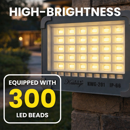 High brightness solar LED light mounted outdoors illuminating wall with 300 LED beads at night