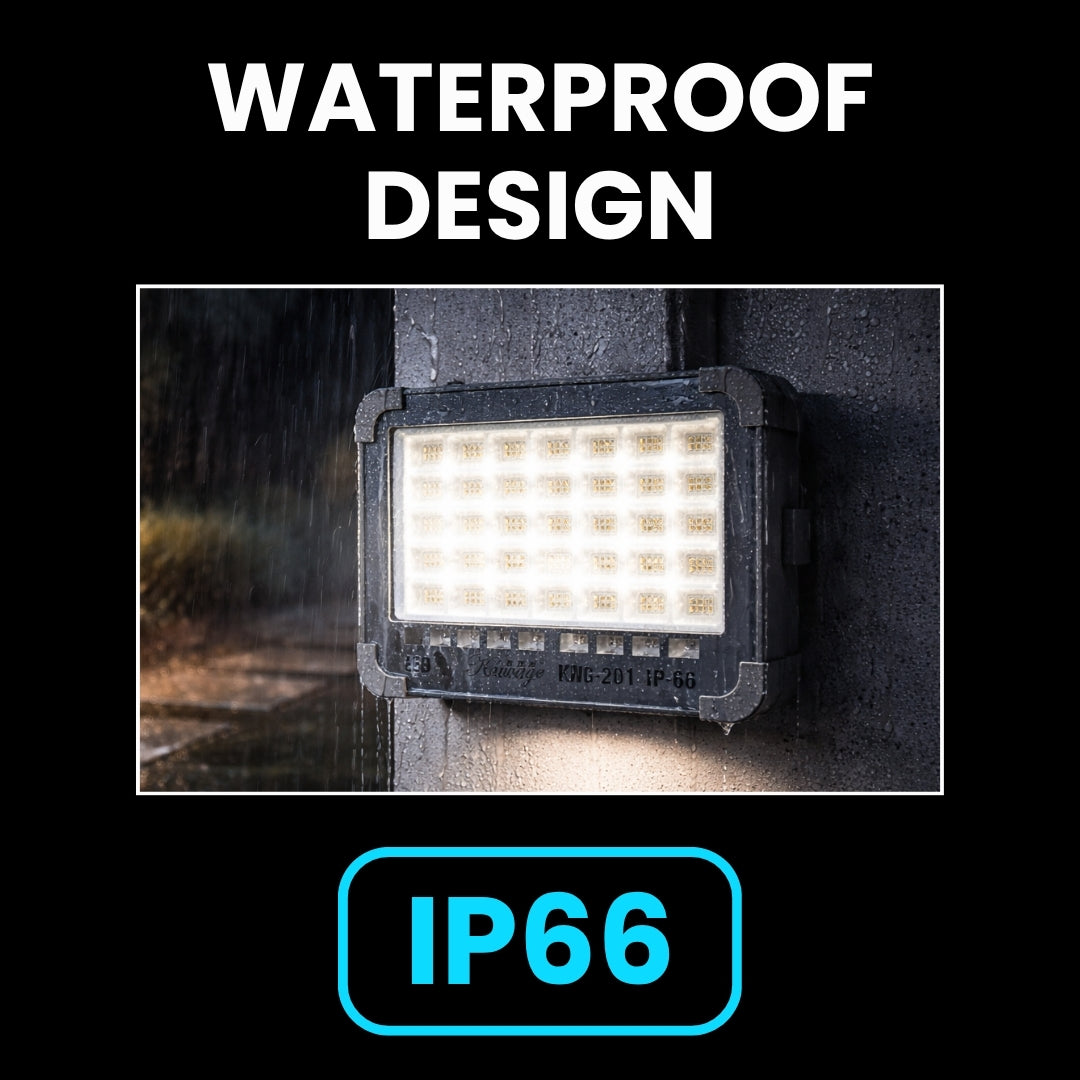IP66 waterproof solar LED flood light in rain showing durable outdoor weather-resistant design