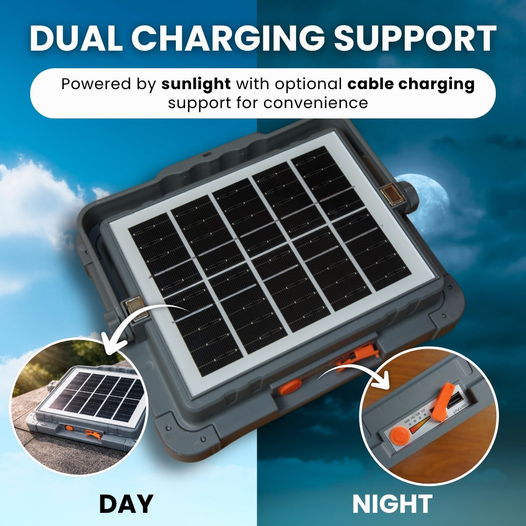 Portable solar LED light with back solar panel and dual charging support sunlight and cable charging
