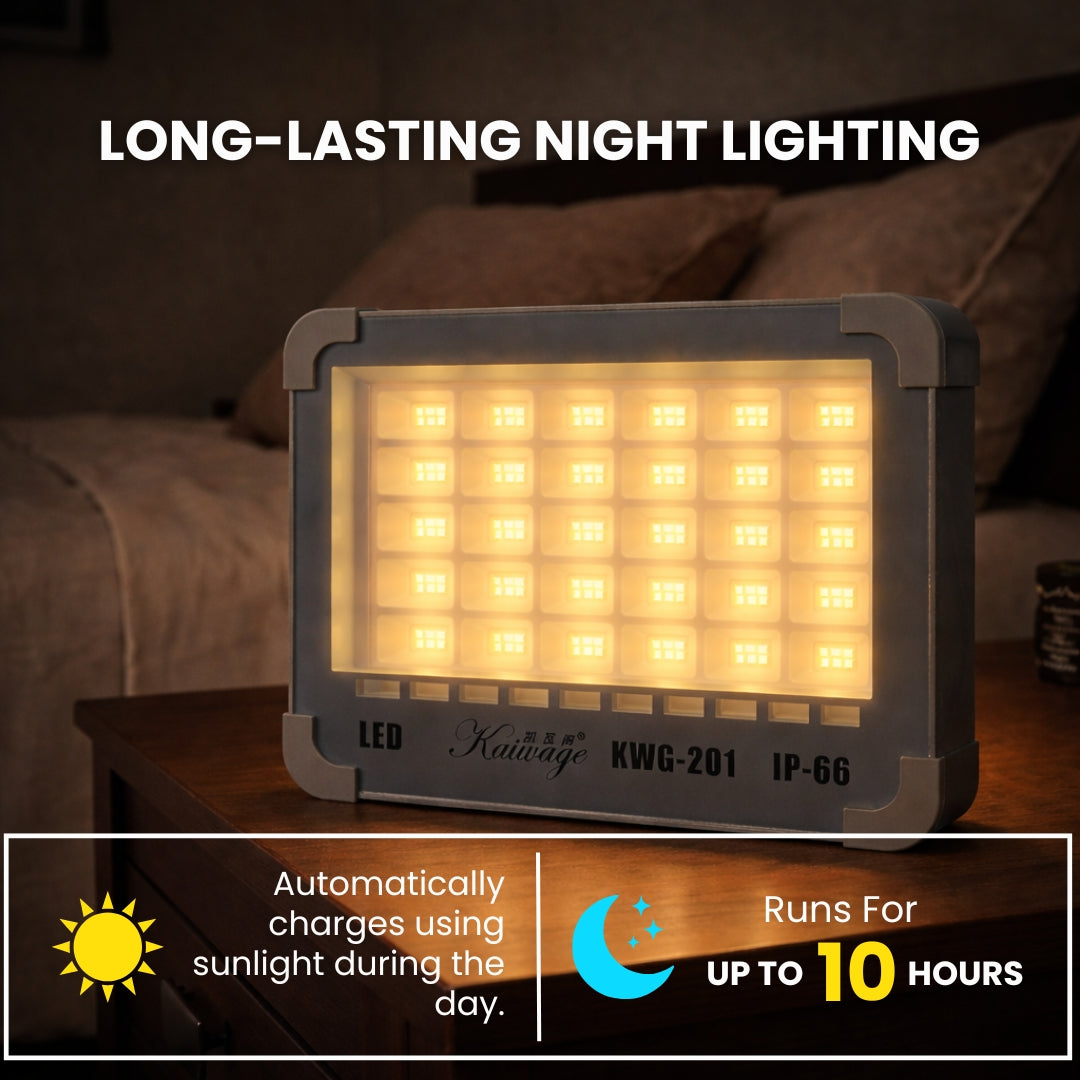 Rechargeable solar LED light providing long lasting night lighting up to 10 hours indoor setup