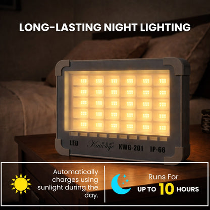 Rechargeable solar LED light providing long lasting night lighting up to 10 hours indoor setup