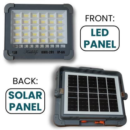 KWG-201 solar light front LED panel and back solar panel design showing portable structure