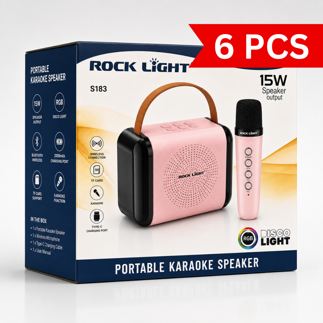 Portable karaoke speaker retail box featuring a 15W wireless speaker with matching wireless microphone, RGB disco light, Bluetooth connectivity, TF card support, Type-C charging, and carry handle.