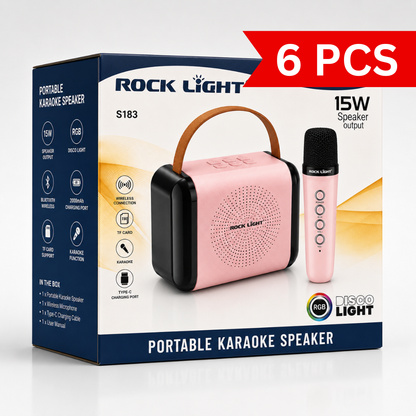 Portable karaoke speaker retail box featuring a 15W wireless speaker with matching wireless microphone, RGB disco light, Bluetooth connectivity, TF card support, Type-C charging, and carry handle.