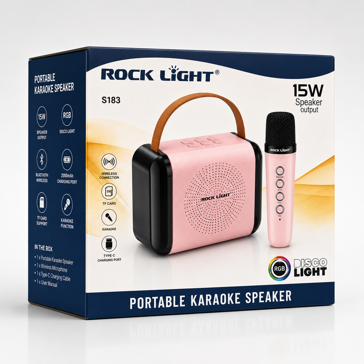 Portable karaoke speaker retail box featuring a 15W wireless speaker with matching wireless microphone, RGB disco light, Bluetooth connectivity, TF card support, Type-C charging, and carry handle.