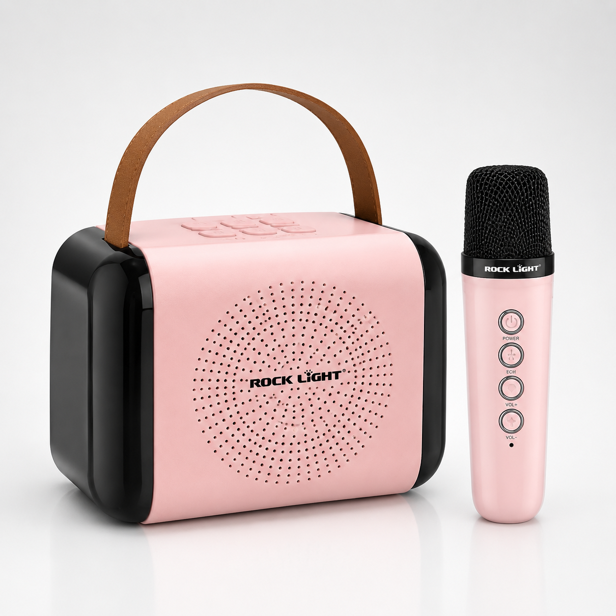 Portable Bluetooth karaoke speaker with wireless microphone, stylish pink and black design, integrated carry handle, rechargeable battery, and compact portable build for home karaoke and parties.